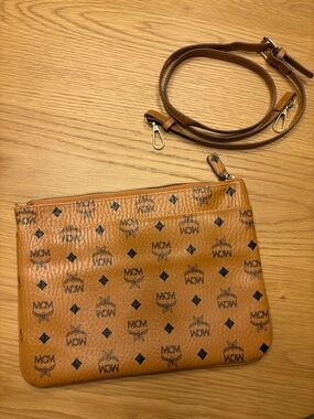 MCM Cognac Visetos Monogram Zip Pouch with Detachable Strap